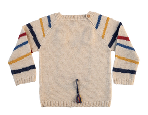 Knitted sweater with colorful stripes on a white background