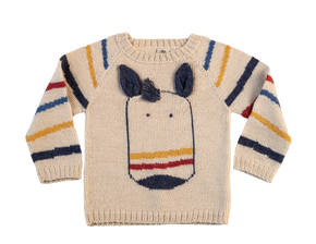 Children's sweater with a horse design and colorful stripes on a white background