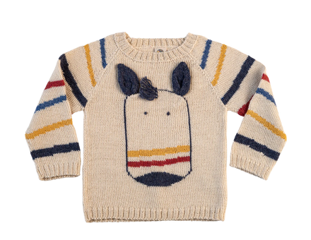 Children's sweater with a horse design and colorful stripes on a white background