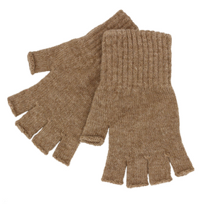 Pair of brown fingerless gloves on a white background