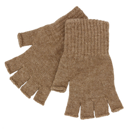 Pair of brown fingerless gloves on a white background