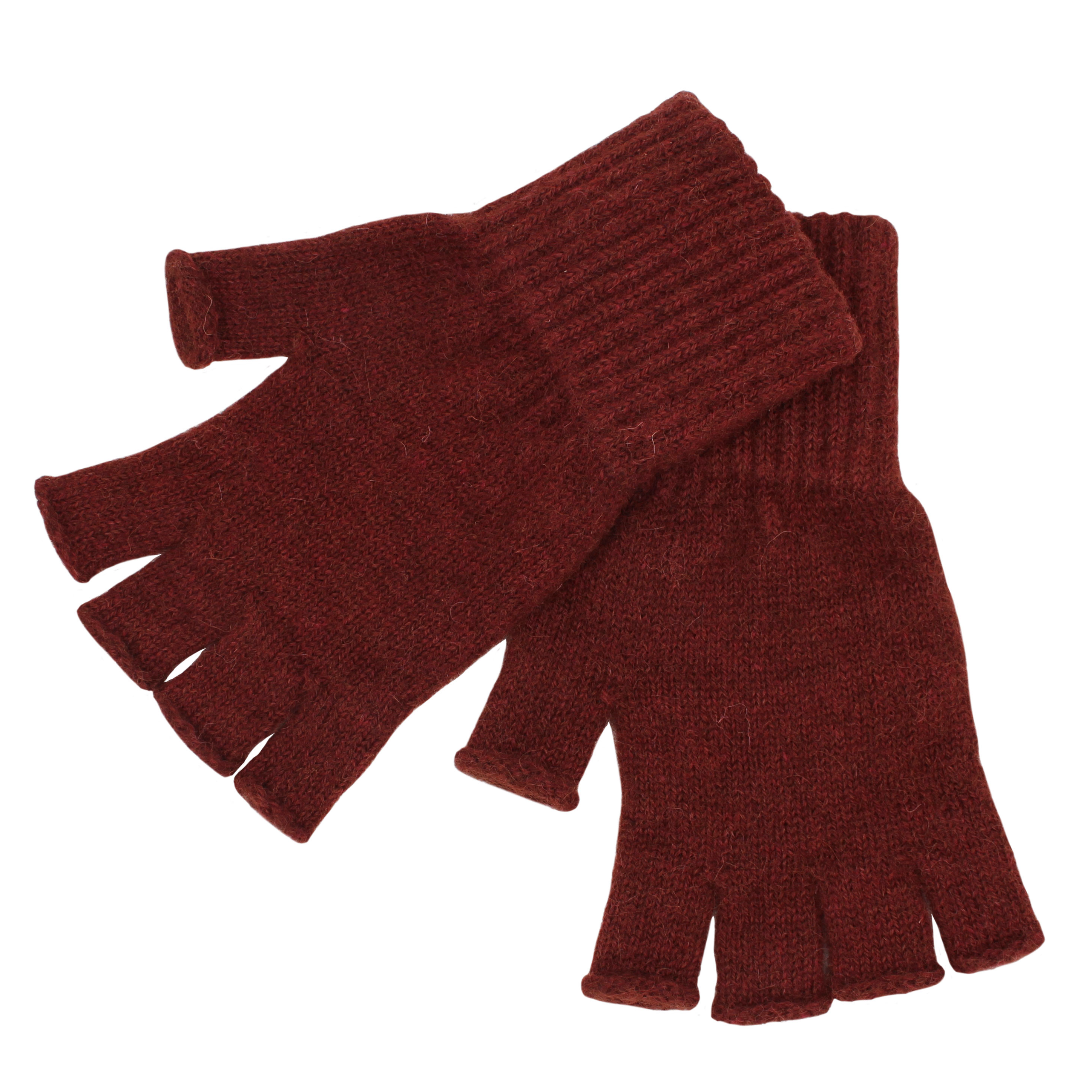 Pair of red fingerless gloves on a white background
