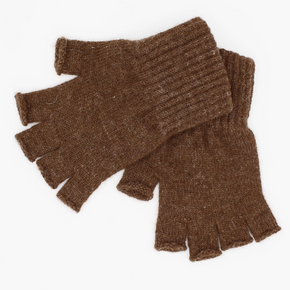 Pair of brown fingerless gloves on a white background