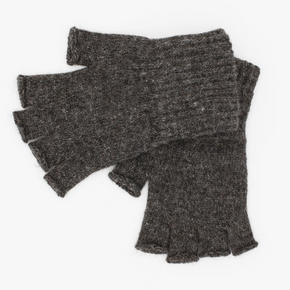 Pair of dark gray fingerless gloves on a white background