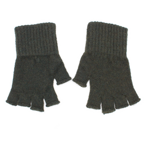 Pair of olive green fingerless gloves on a white background