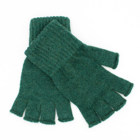 Pair of green fingerless gloves on a white background