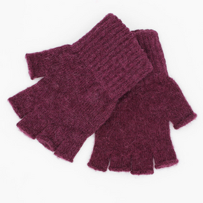 Pair of maroon fingerless gloves on a white background