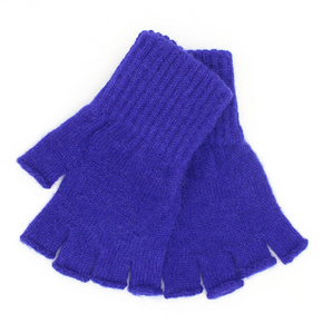 Pair of purple fingerless gloves on a white background