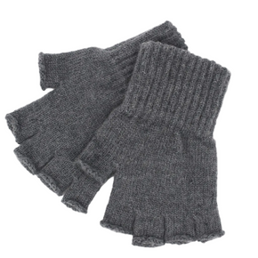 Pair of gray fingerless gloves on a light gray background