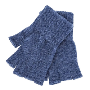 Pair of blue knitted fingerless gloves on a white background