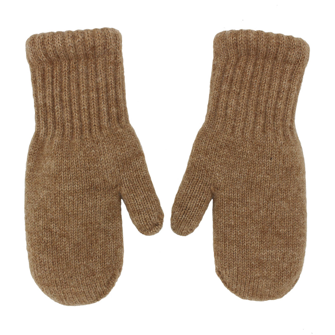 Pair of brown knitted mittens on a white background