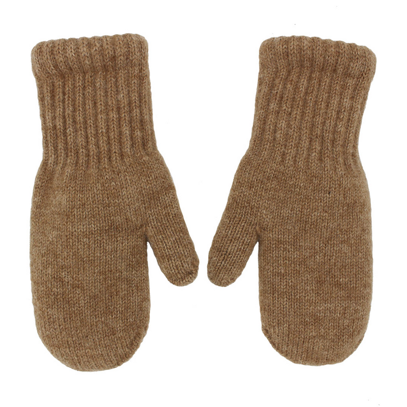 Pair of brown knitted mittens on a white background