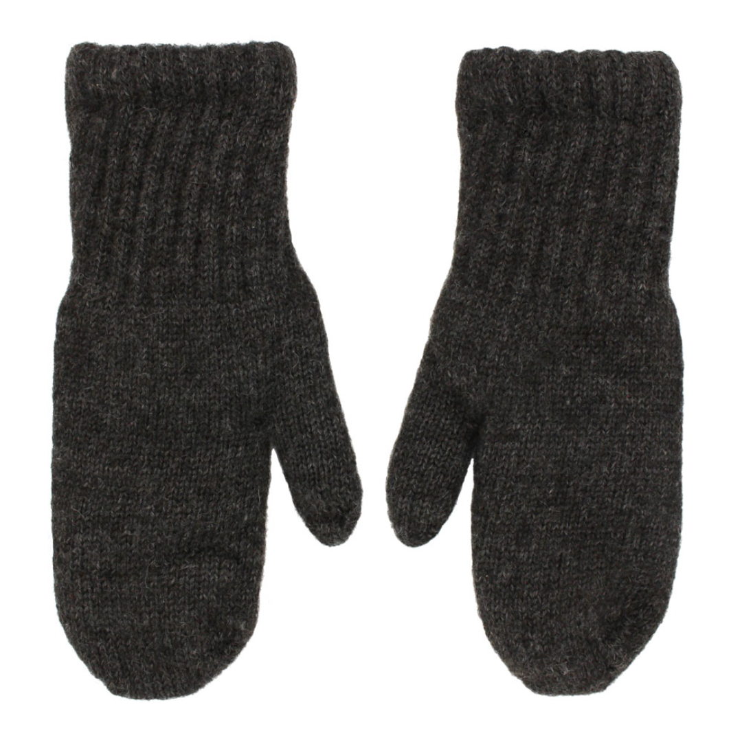 Pair of dark gray knitted mittens on a white background