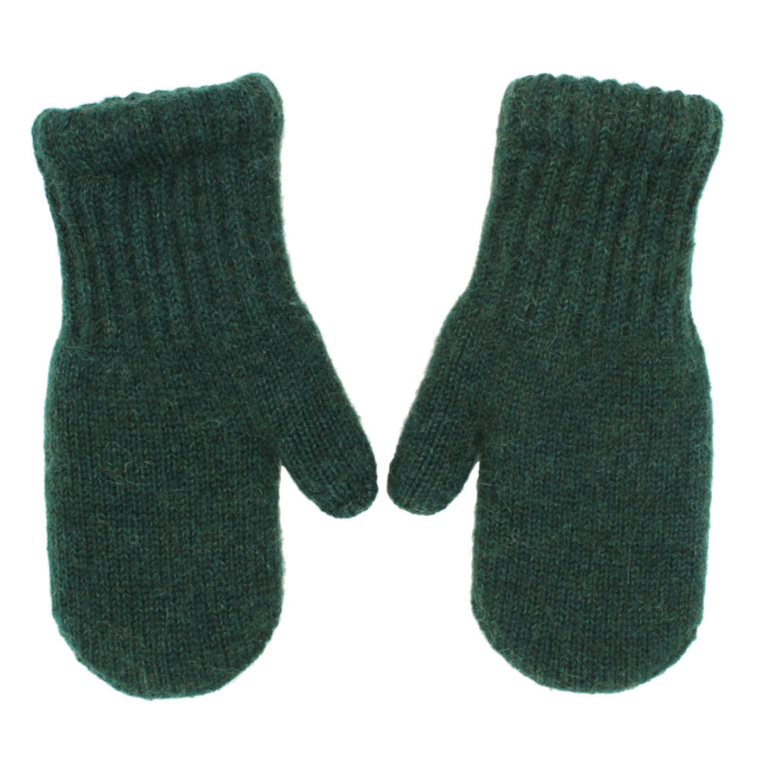 Pair of green knitted mittens on a white background