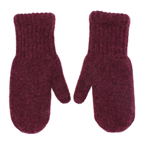 Pair of maroon knitted mittens on a white background