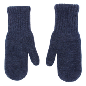 Pair of blue knitted mittens on a white background