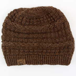Brown knitted beanie with a logo on a white background