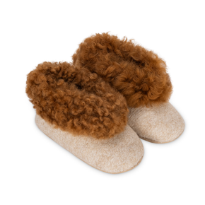 Pair of brown fuzzy slippers on a white background