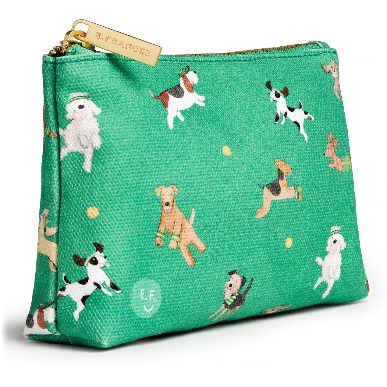 Green pouch with dog pattern on a white background