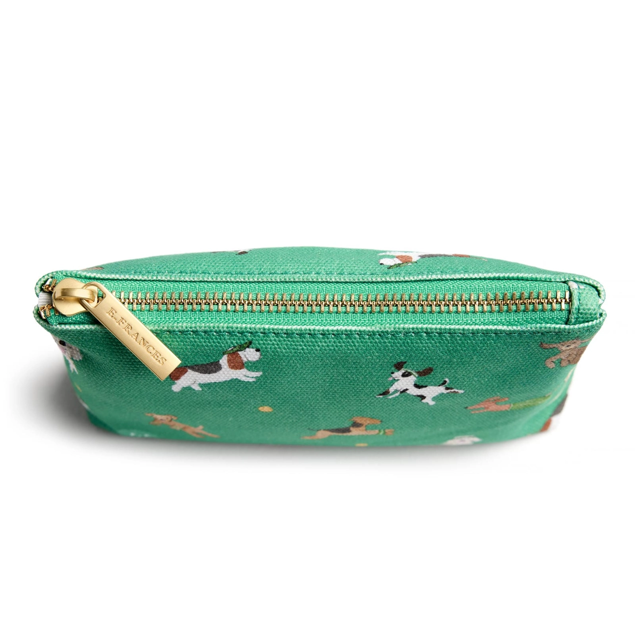 Green pouch with dog pattern and gold zipper on a white background