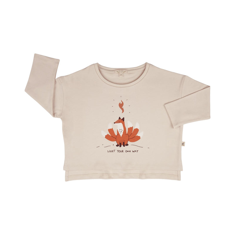 Red Caribou Childrens' Oversized Long-Sleeve T-Shirt - off white long sleeve t-shirt with fox print and the text, "light your own way" on a neutral background