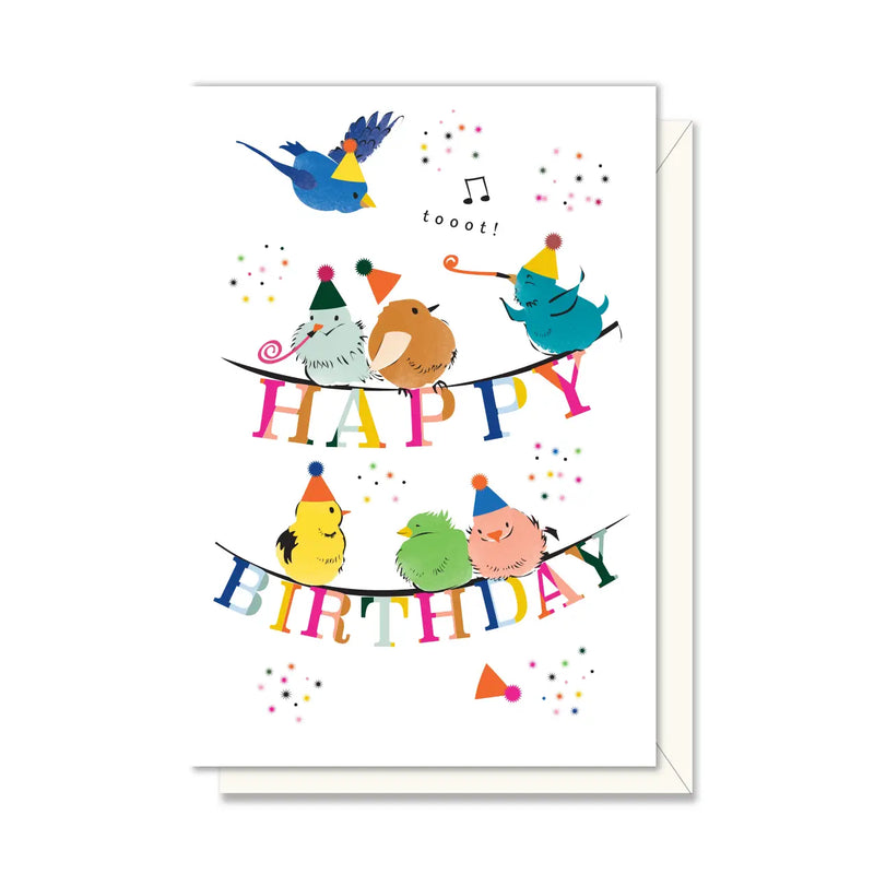 Party Birds Mini Birthday Enclosure Card - different colored birds with party hats, happy birthday on white background with multicolored confetti