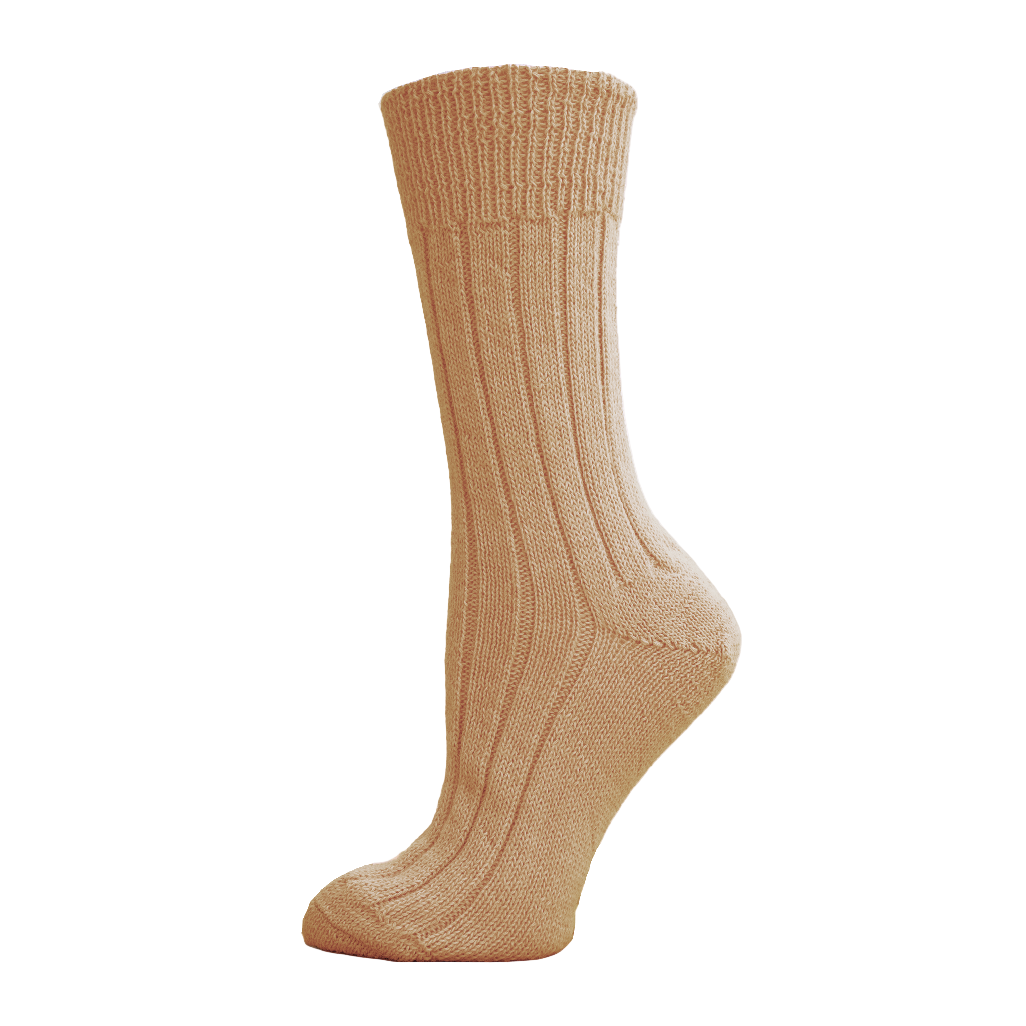 Beige sock on a wooden block with a white background