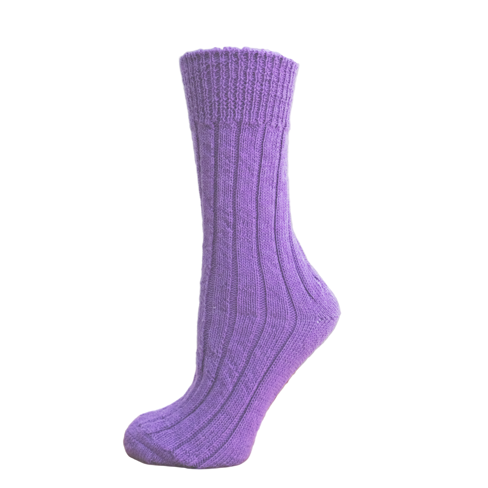 Purple knitted sock on a wooden block with a white background