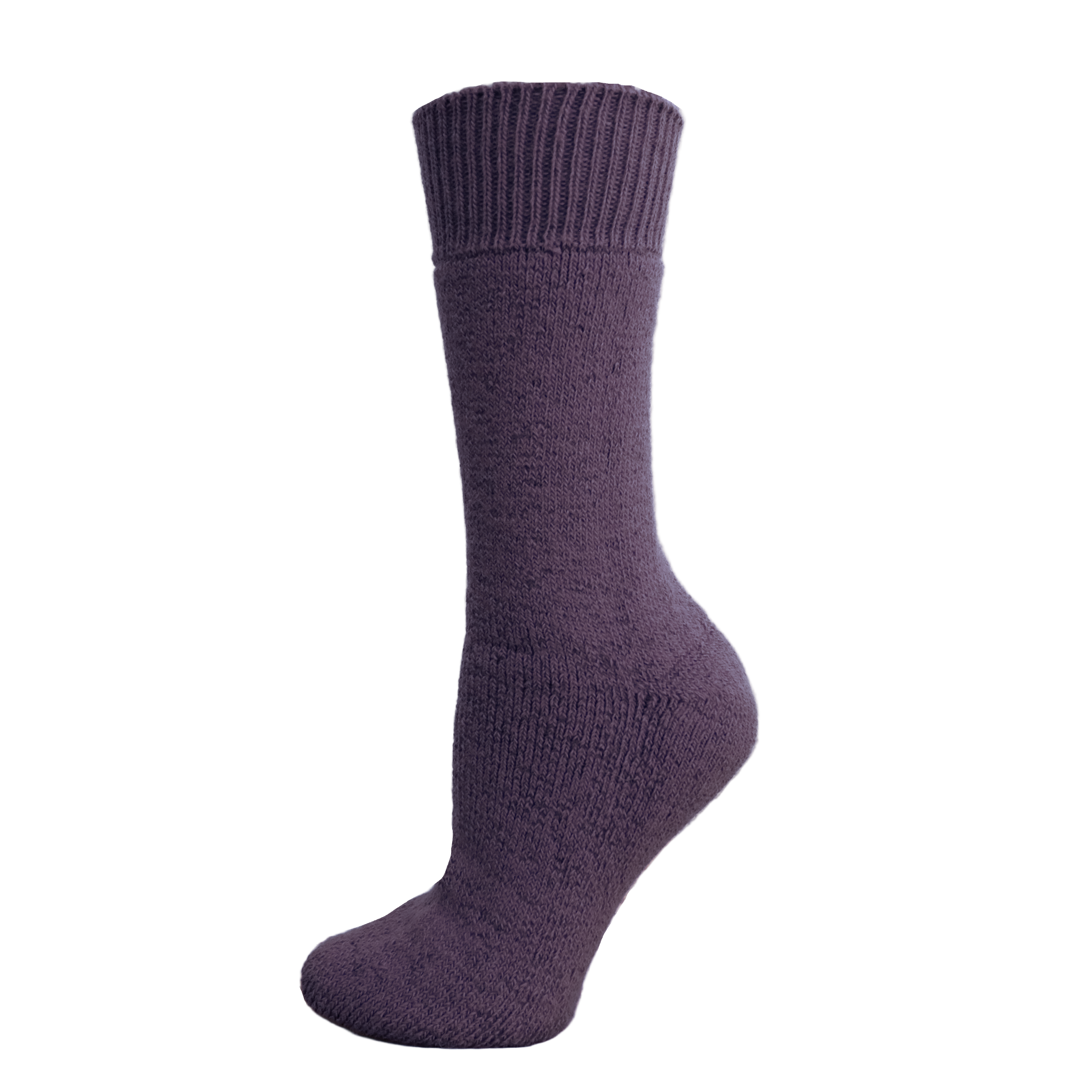 Purple sock on a wooden block with a white background