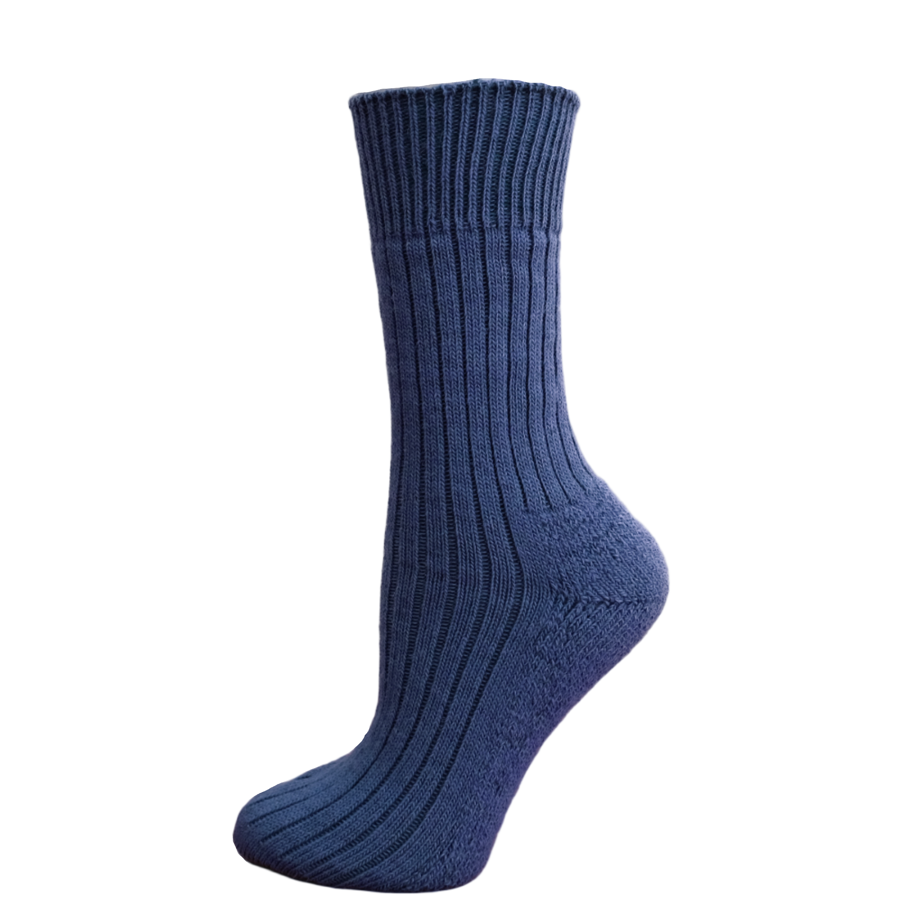Blue sock on a wooden block with a white background