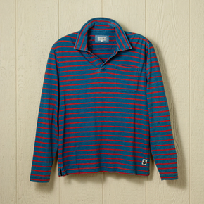 Blue and red striped long sleeve polo on a neutral background.