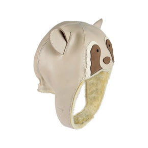 Donsje Raccoon Kapi Hat - leather hat with faux fur lining and raccoon face detail on neutral background
