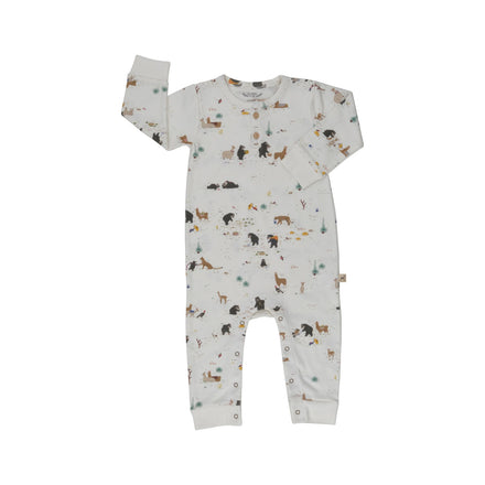 Baby onesie with animal pattern on a white background