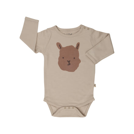 Beige baby onesie with a brown alpaca face design on a white background