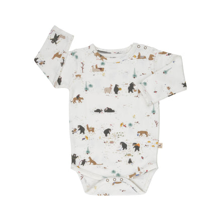 Baby onesie with animal pattern on a white background