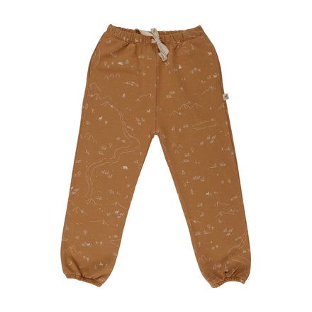 Brown children's pants with subtle pattern on a white background