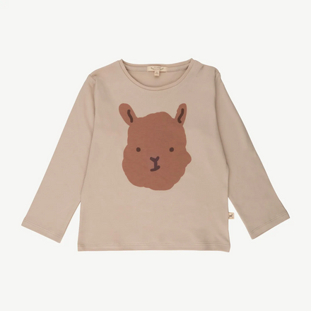 Beige long-sleeve shirt with a brown alpaca face design on a white background