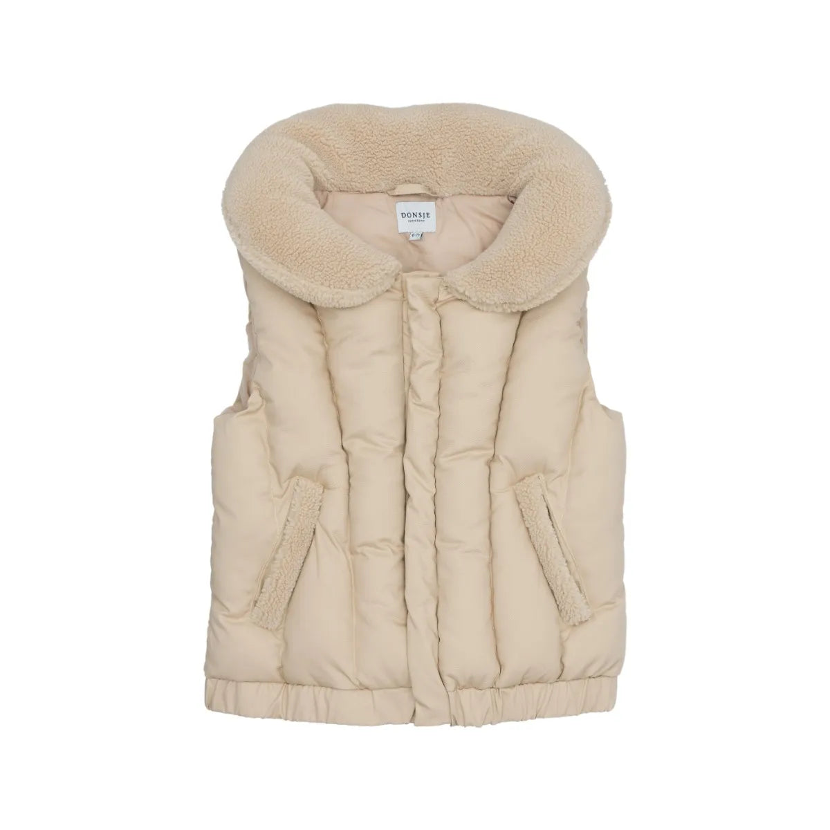 Donsje Regu Bodywarmer - light tan puffer vest with faux sherpa collar, pockets, and snap closure on neutral background