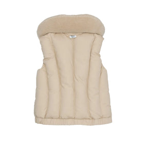 Donsje Regu Bodywarmer - light tan puffer vest with faux sherpa collar, pockets, and snap closure on neutral background