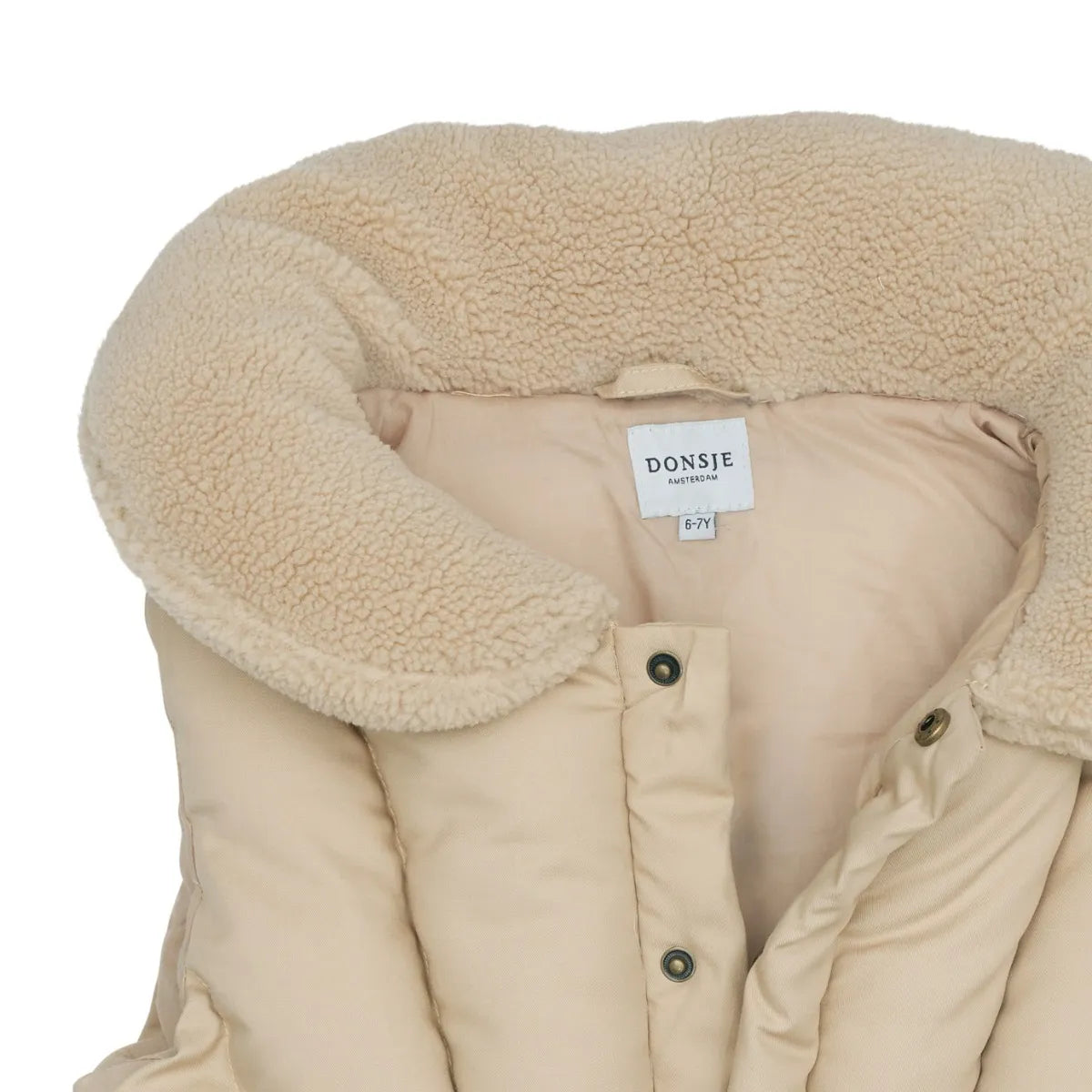 Donsje Regu Bodywarmer - light tan puffer vest with faux sherpa collar, pockets, and snap closure on neutral background