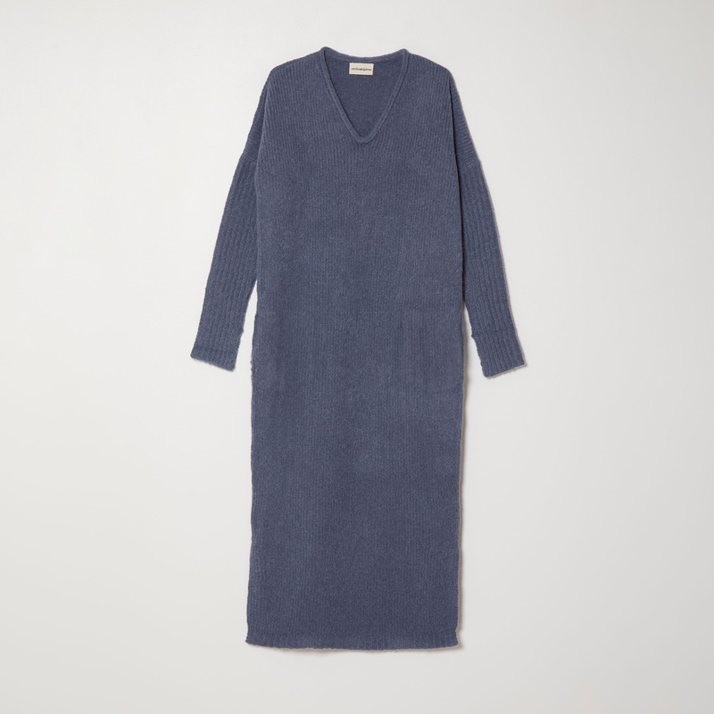 Atelier Delphine Relaxed V-Neck Dress - slate blue knit dress with pockets on neutral background