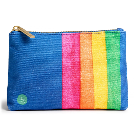 Colorful striped pouch with a blue base and rainbow pattern on a white background