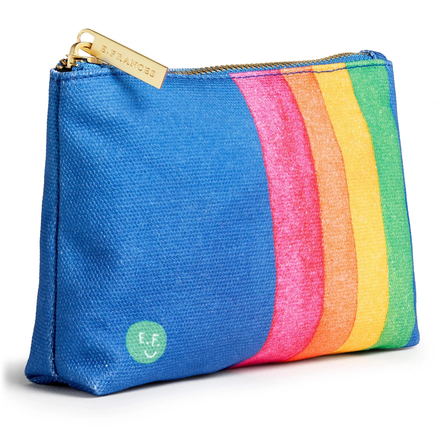 Blue pouch with rainbow stripes and a visible brand logo on a white background