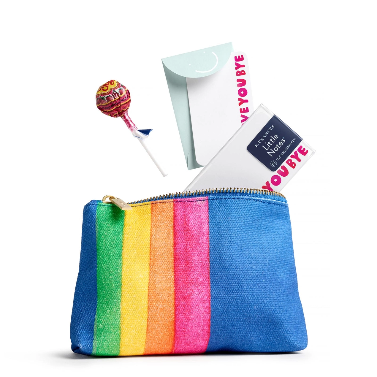 Colorful striped pouch with a lollipop, card, and envelope on a white background