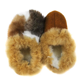 Pair of brown and gray fuzzy slippers on a white background