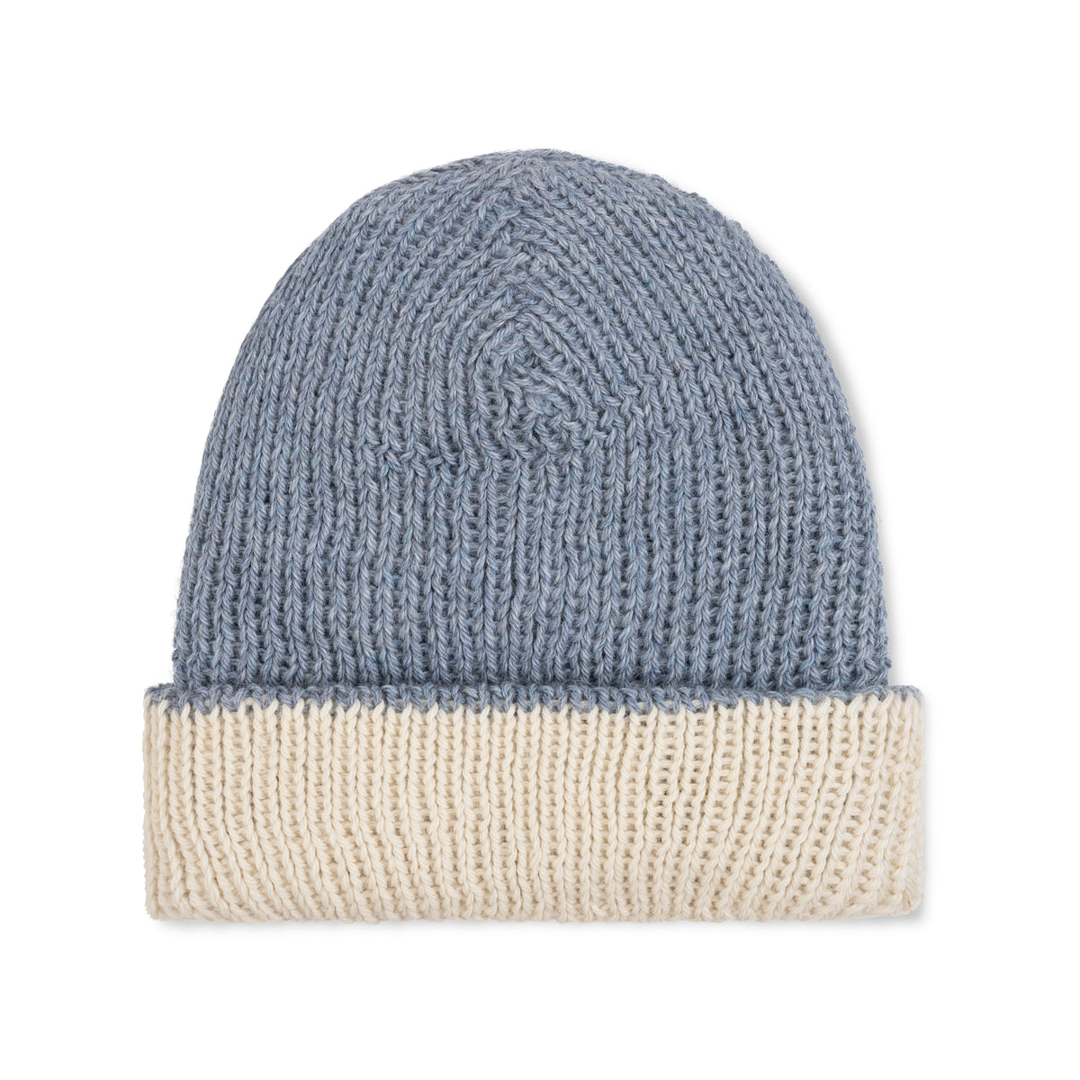 Reversible double-knit baby alpaca beanie in denim blue and cream
