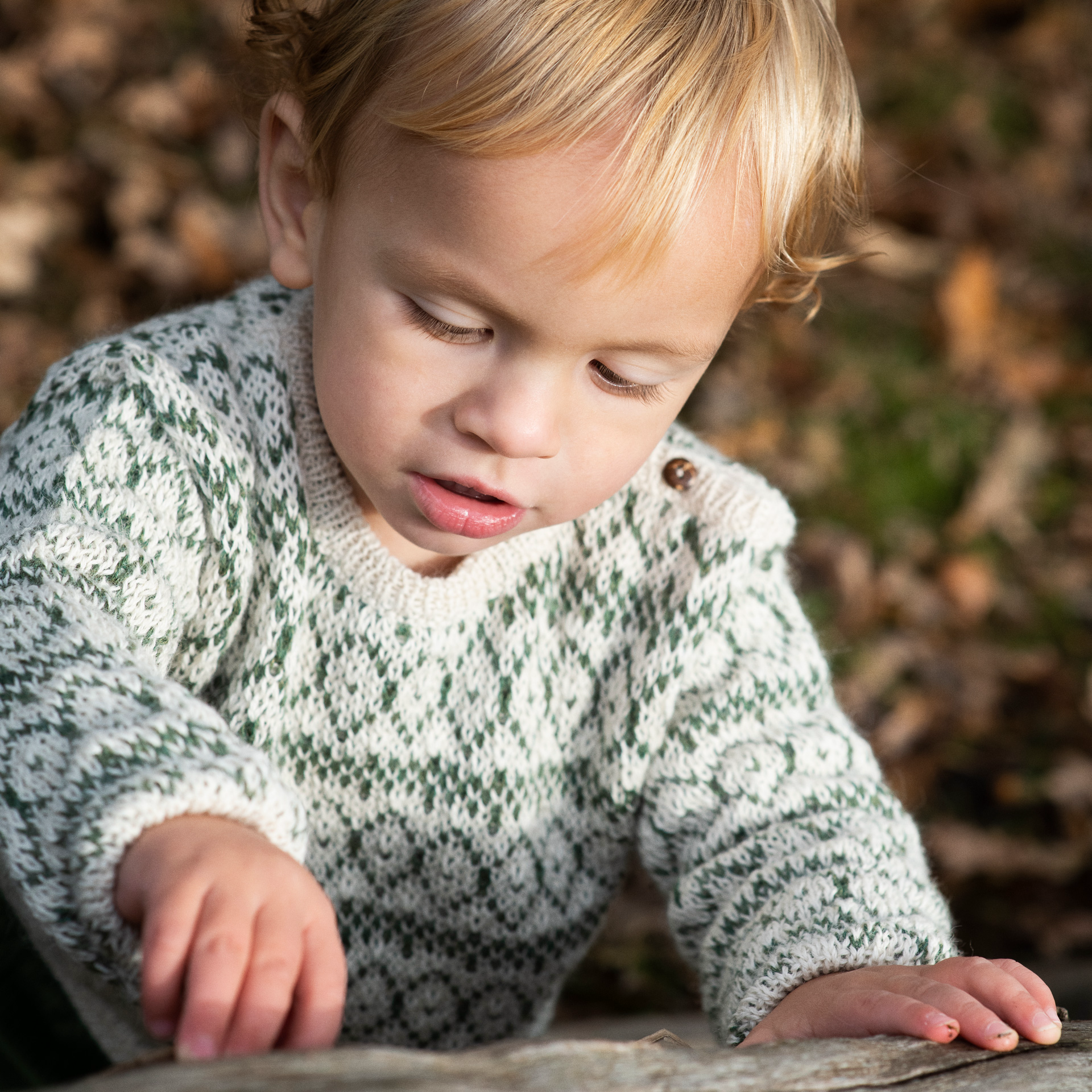 A close-up lifestyle shot of a young toddler with blonde hair wearing a green and white patterned knit sweater, looking down while resting their hands on a log outdoors.