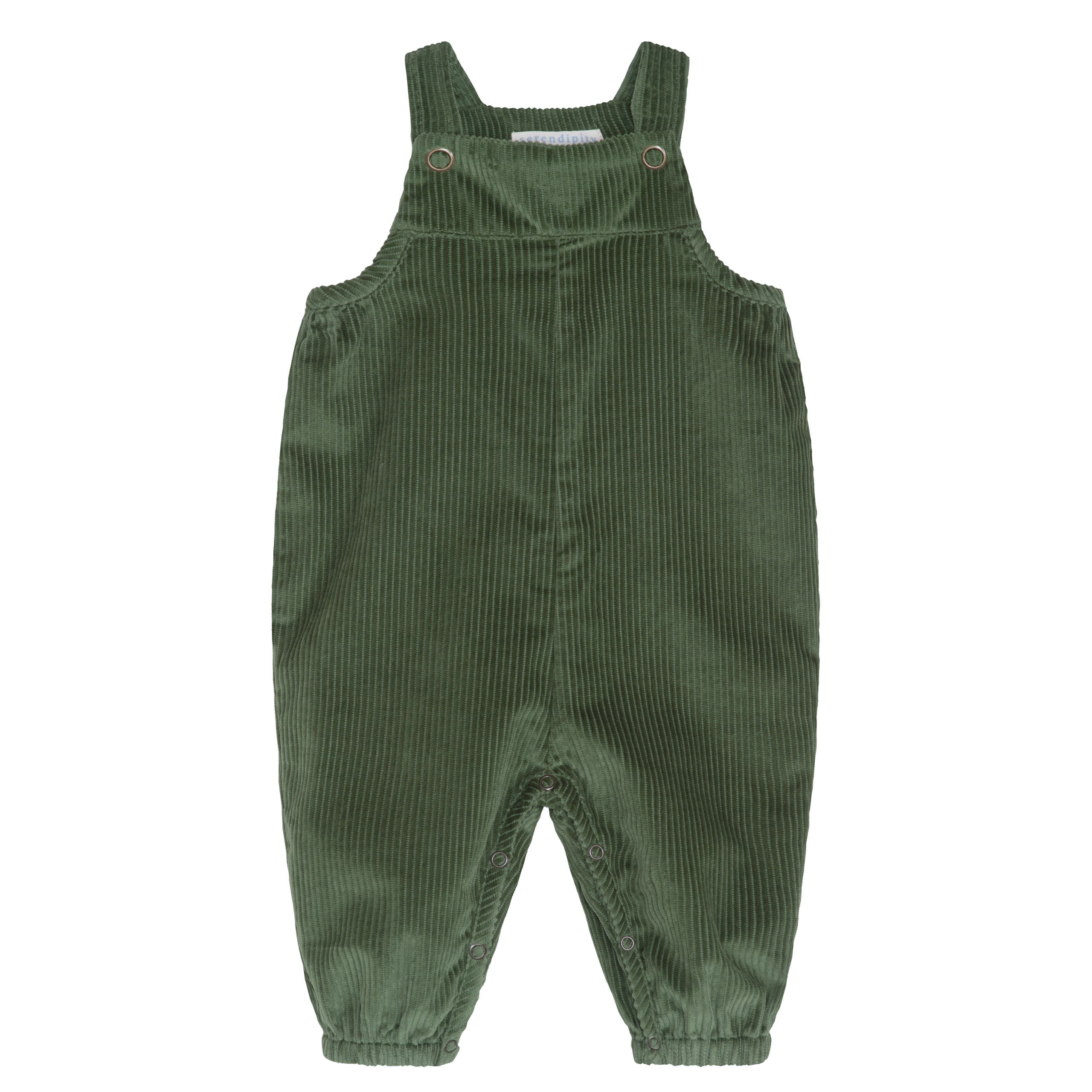 Green corduroy baby overalls with adjustable shoulder straps and elastic cuffed legs, shown flat on a white background.