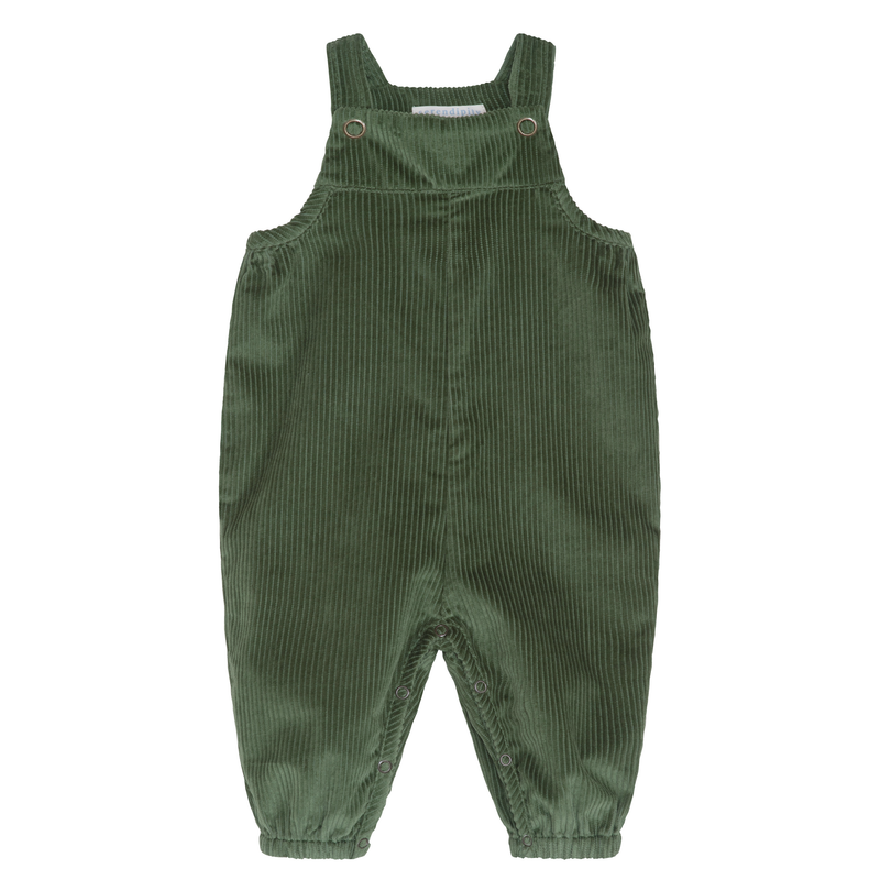 Green corduroy baby overalls with adjustable shoulder straps and elastic cuffed legs, shown flat on a white background.