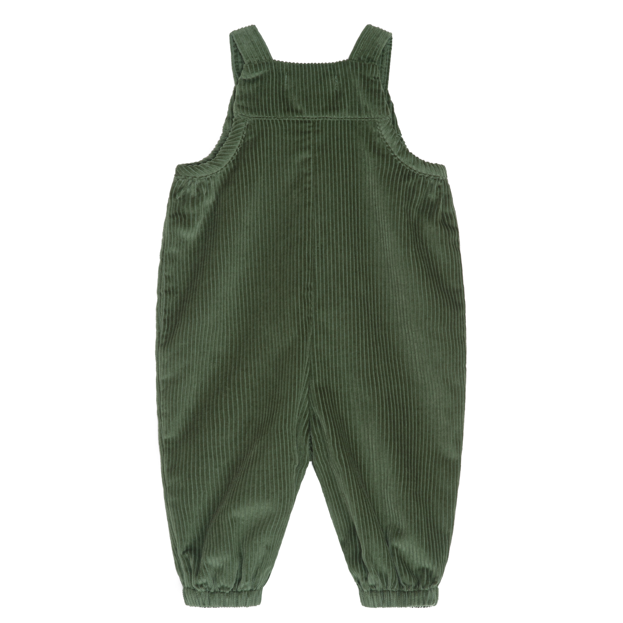 A pair of dark green corduroy baby overalls with adjustable shoulder straps and elasticized ankle cuffs, shown flat against a white background.